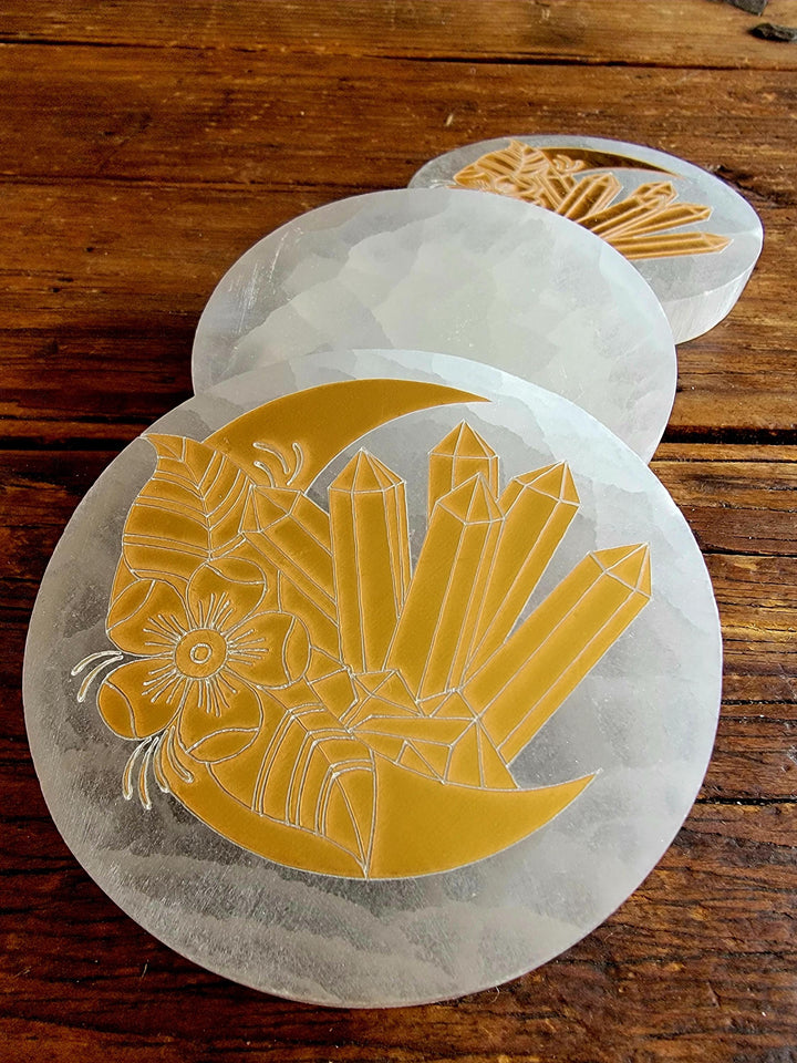 Selenite Plates, Gold Engraved