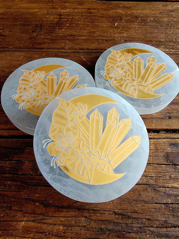 Selenite Plates, Gold Engraved