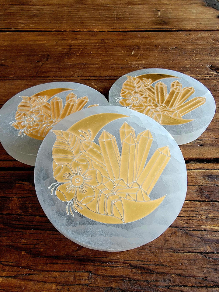 Selenite Plates, Gold Engraved