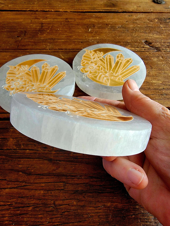 Selenite Plates, Gold Engraved