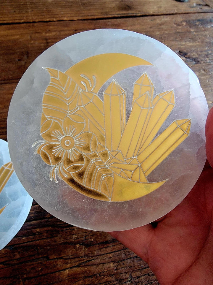 Selenite Plates, Gold Engraved