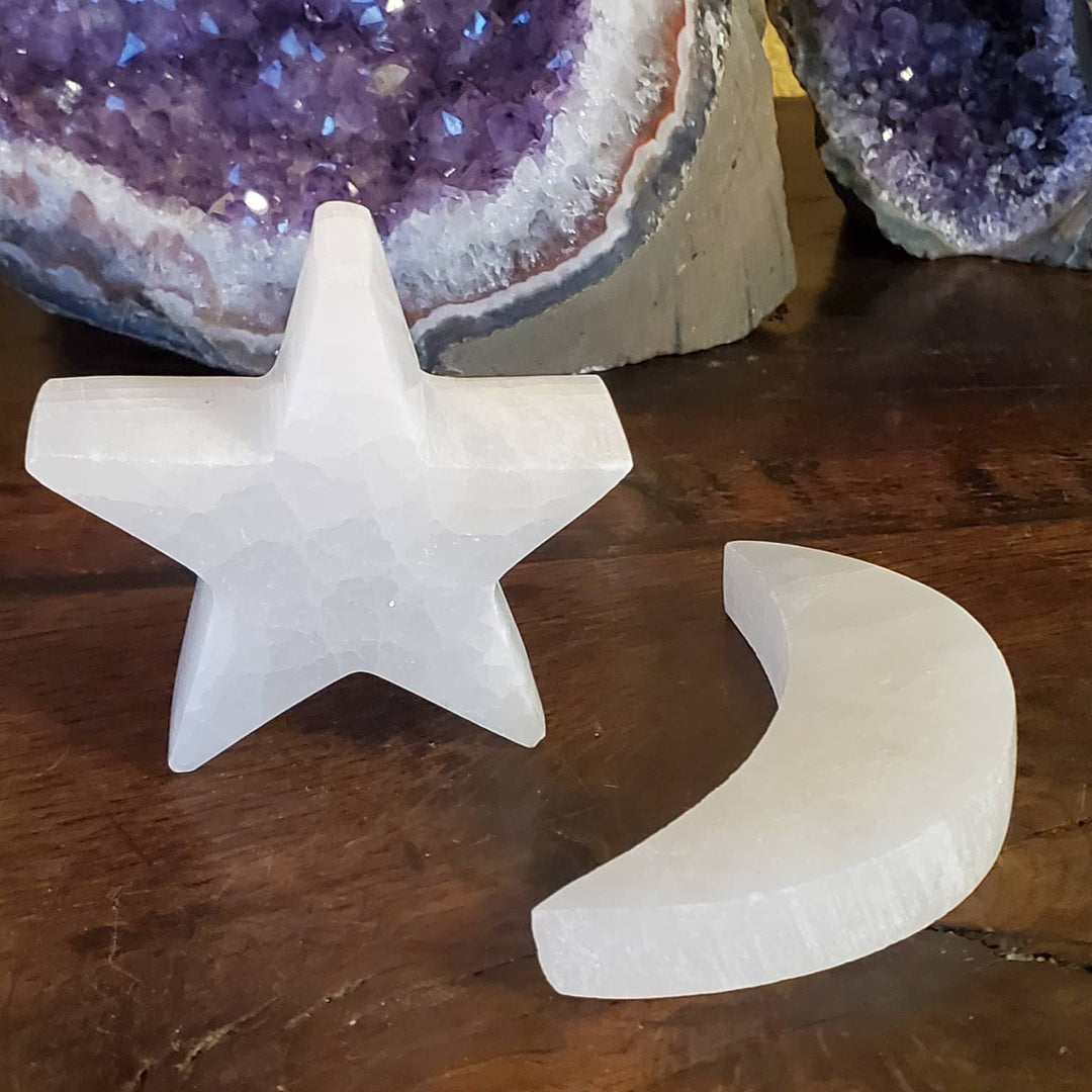 Moraccan Selenite Crescent Moons and Selenite Stars for Energy Cleansing, Carved Selenite perfection from Morocco. - SOUTHBAYSALTS 