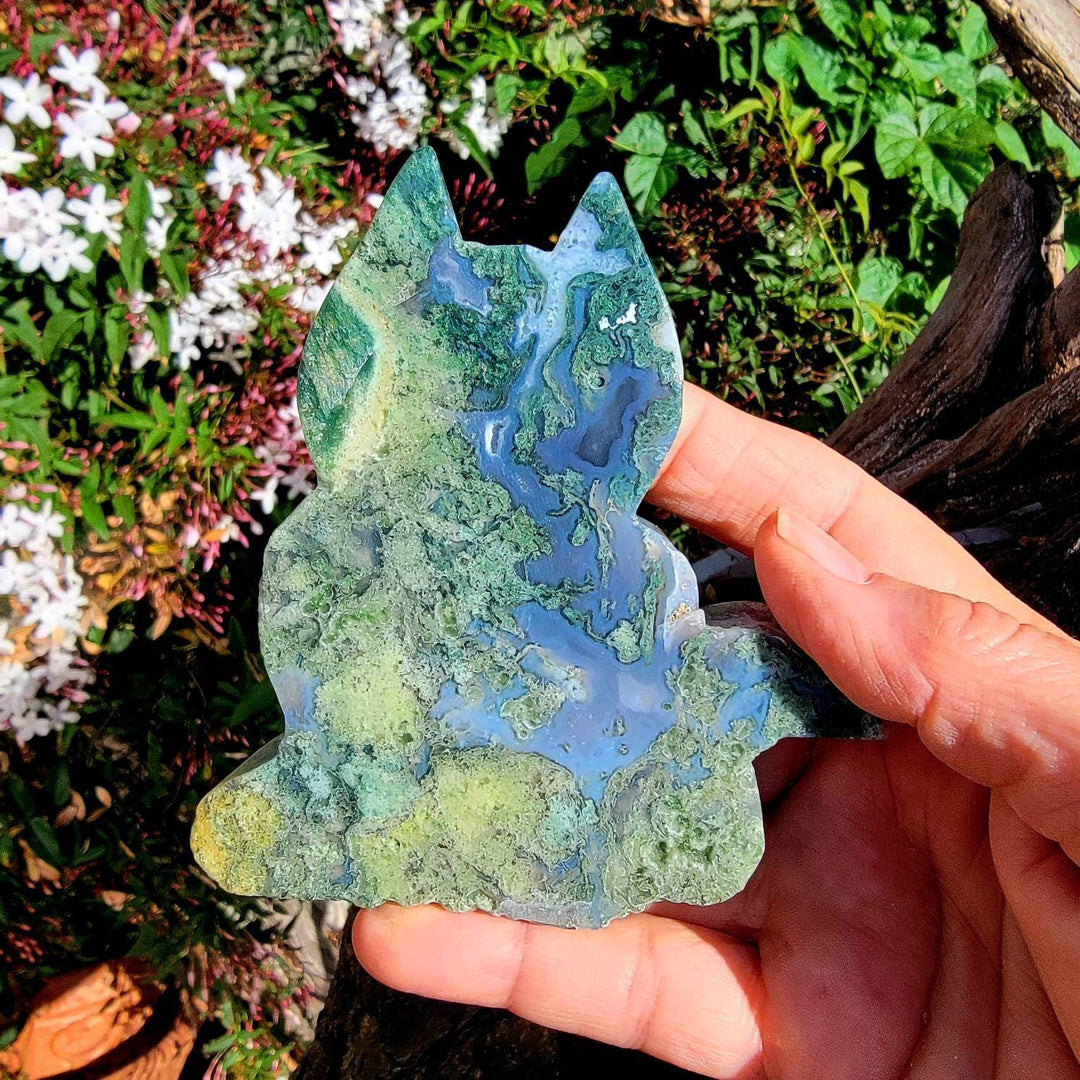 Moss Agate Cat Carving, Purr-fectly Pawsome Moss Agate Cat Carvings - SOUTHBAYSALTS 