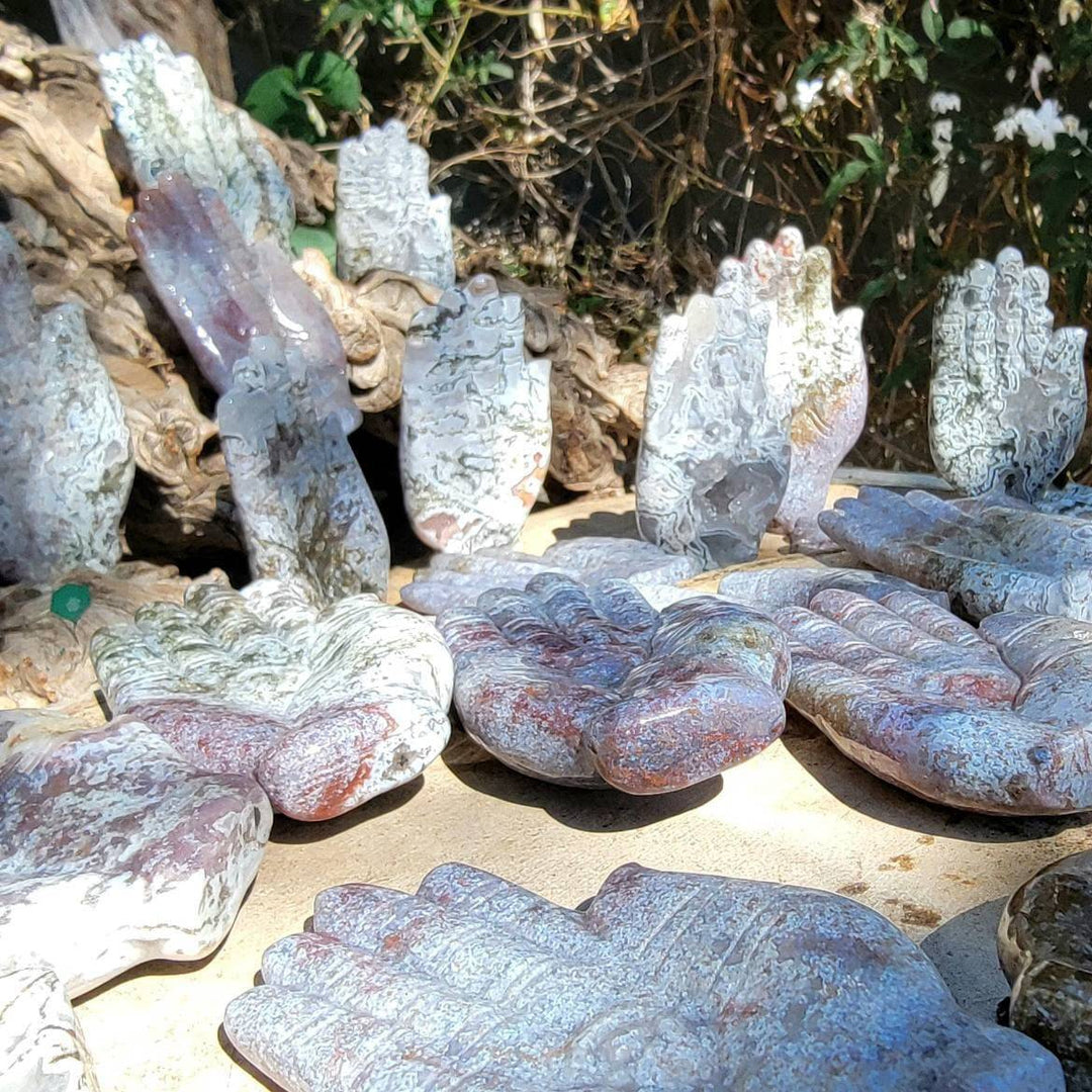 Moss Agate Hand Carvings, Moss Agate Crystal Carvings, Crystal Hands, Polished Moss Agate Hand Carvings - SOUTHBAYSALTS 