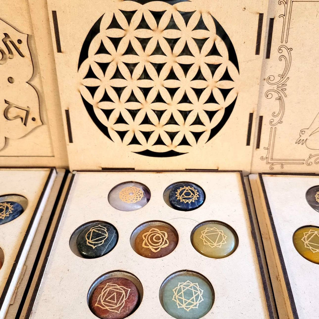 Engraved Palmstones Chakra Set with Wood Box, Sacred Stones: Unlock Spiritual Brilliance with the Seven Chakra Set - SOUTHBAYSALTS 