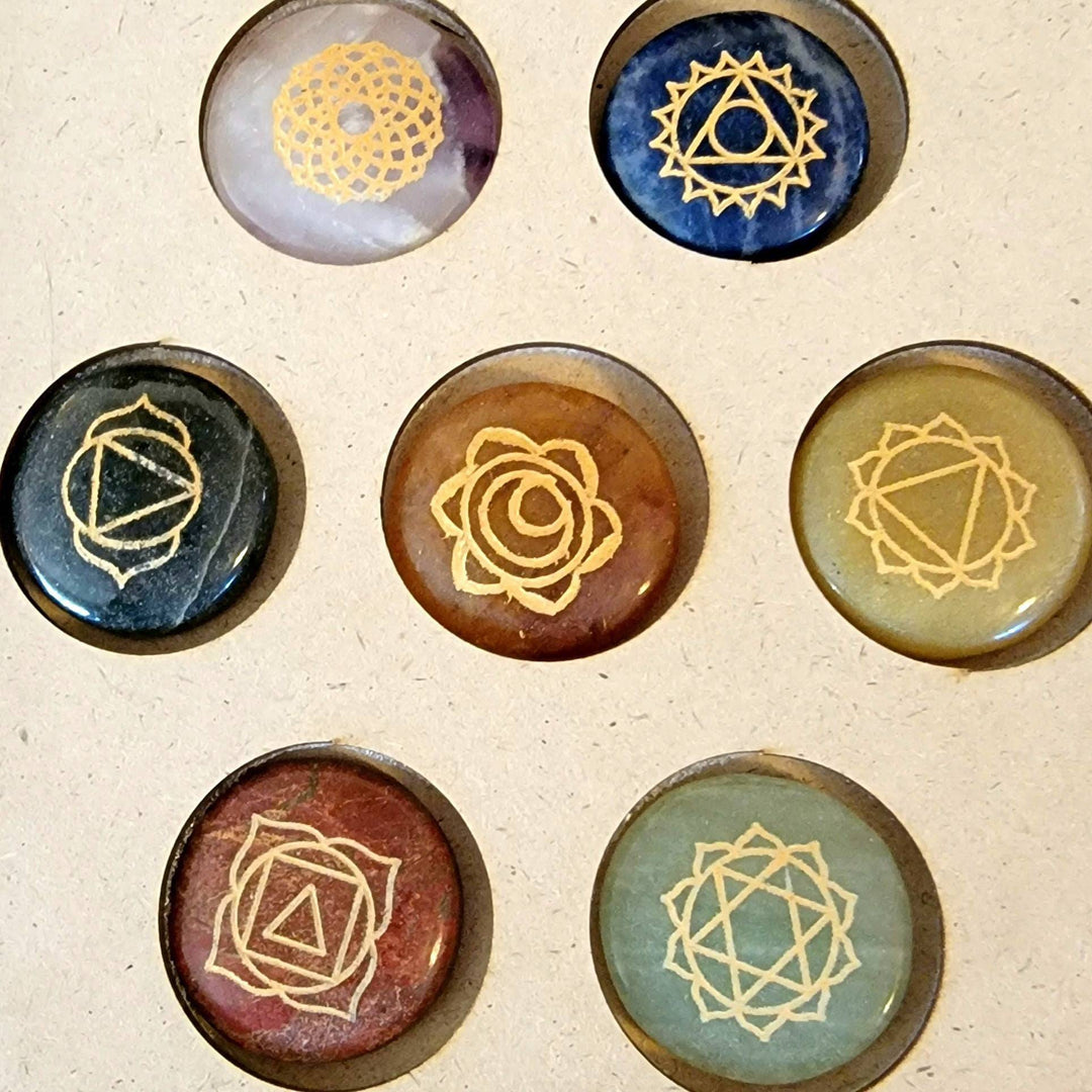 Engraved Palmstones Chakra Set with Wood Box, Sacred Stones: Unlock Spiritual Brilliance with the Seven Chakra Set - SOUTHBAYSALTS 