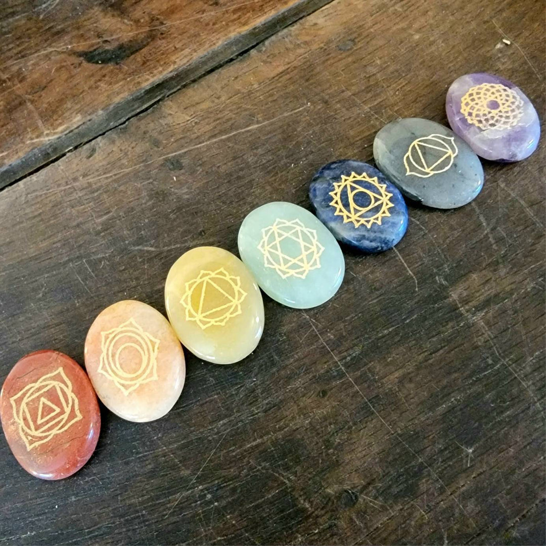 Engraved Palmstones Chakra Set with Wood Box, Sacred Stones: Unlock Spiritual Brilliance with the Seven Chakra Set - SOUTHBAYSALTS 