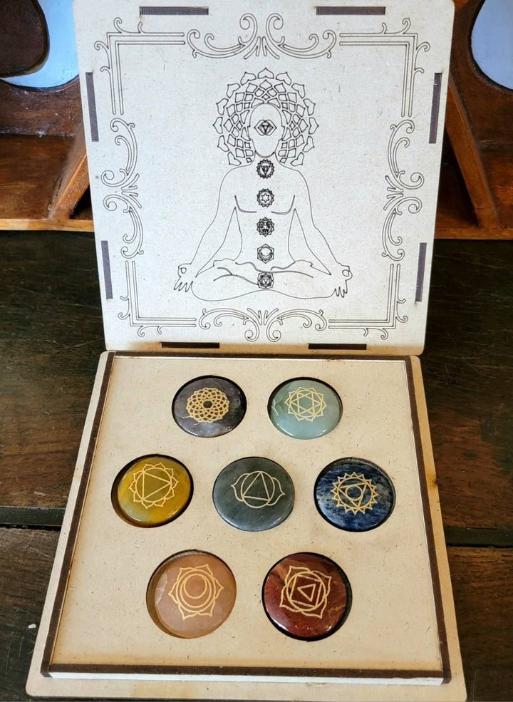 Engraved Palmstones Chakra Set with Wood Box, Sacred Stones: Unlock Spiritual Brilliance with the Seven Chakra Set - SOUTHBAYSALTS 