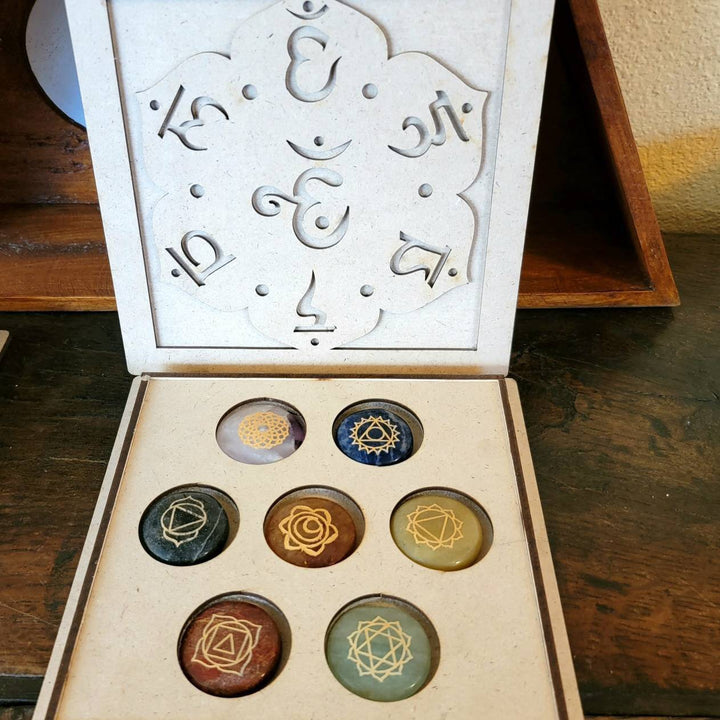 Engraved Palmstones Chakra Set with Wood Box, Sacred Stones: Unlock Spiritual Brilliance with the Seven Chakra Set - SOUTHBAYSALTS 