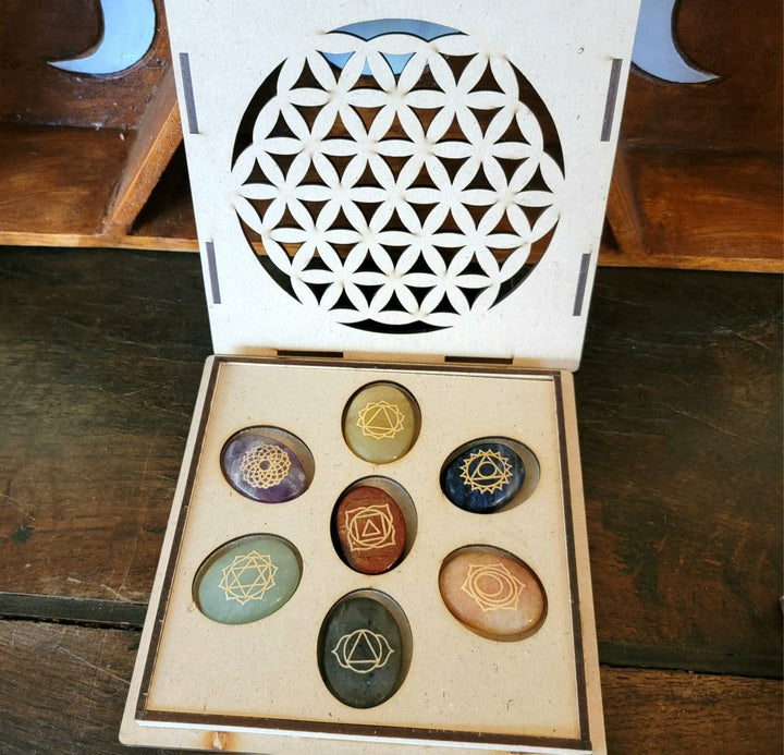 Engraved Palmstones Chakra Set with Wood Box, Sacred Stones: Unlock Spiritual Brilliance with the Seven Chakra Set - SOUTHBAYSALTS 