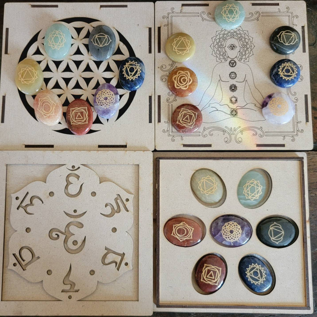 Engraved Palmstones Chakra Set with Wood Box, Sacred Stones: Unlock Spiritual Brilliance with the Seven Chakra Set - SOUTHBAYSALTS 