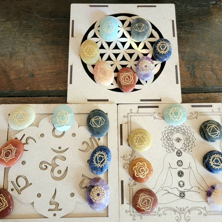 Engraved Palmstones Chakra Set with Wood Box, Sacred Stones: Unlock Spiritual Brilliance with the Seven Chakra Set - SOUTHBAYSALTS 