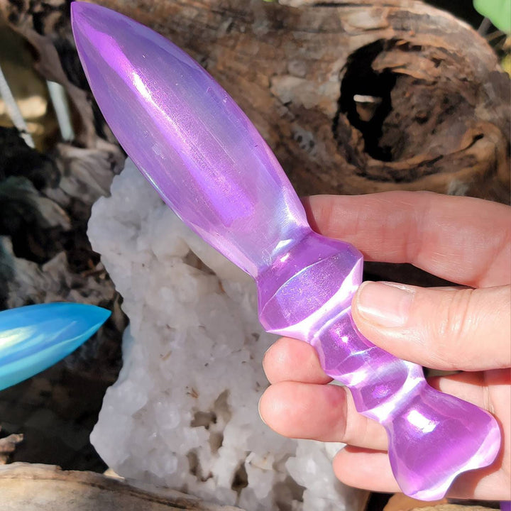 Selenite with Aura Athame, Slicing Through Shadows: Aura Selenite’s Path to Purity and Protection - SOUTHBAYSALTS 