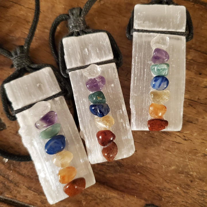 7 Chakra Raw Selenite Necklace, Seven Stones on Selenite Necklace - SOUTHBAYSALTS 