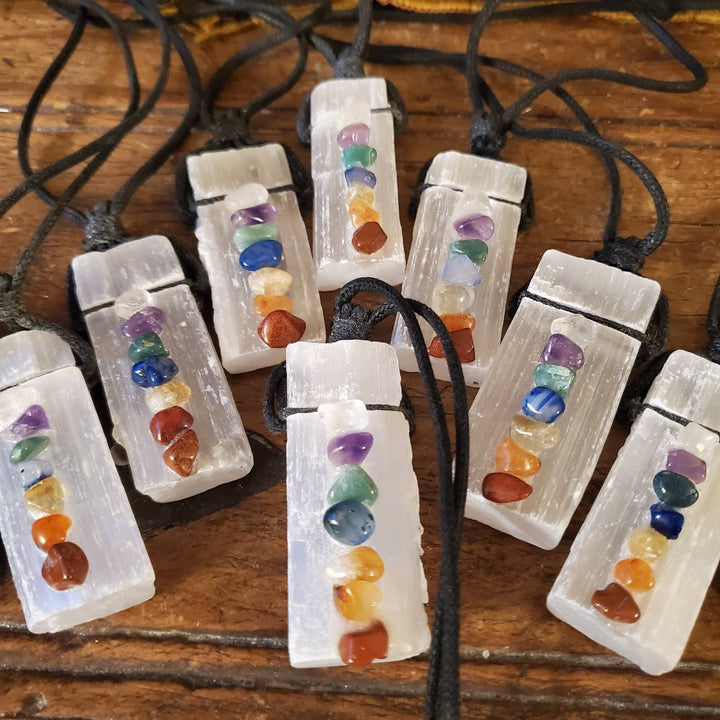 7 Chakra Raw Selenite Necklace, Seven Stones on Selenite Necklace - SOUTHBAYSALTS 