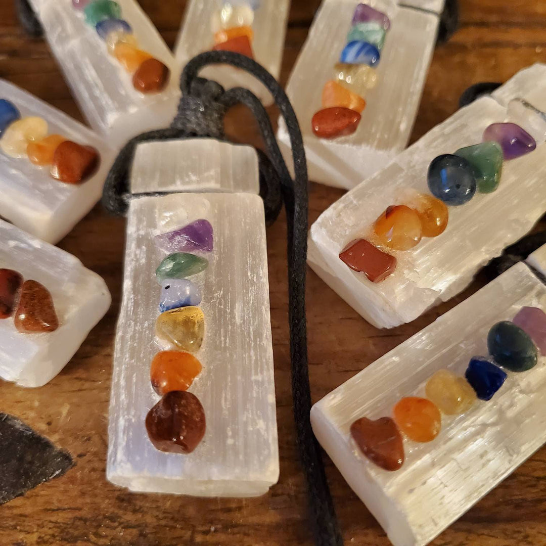 7 Chakra Raw Selenite Necklace, Seven Stones on Selenite Necklace - SOUTHBAYSALTS 