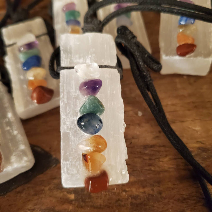 7 Chakra Raw Selenite Necklace, Seven Stones on Selenite Necklace - SOUTHBAYSALTS 