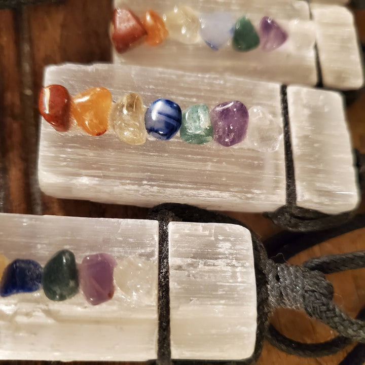 7 Chakra Raw Selenite Necklace, Seven Stones on Selenite Necklace - SOUTHBAYSALTS 