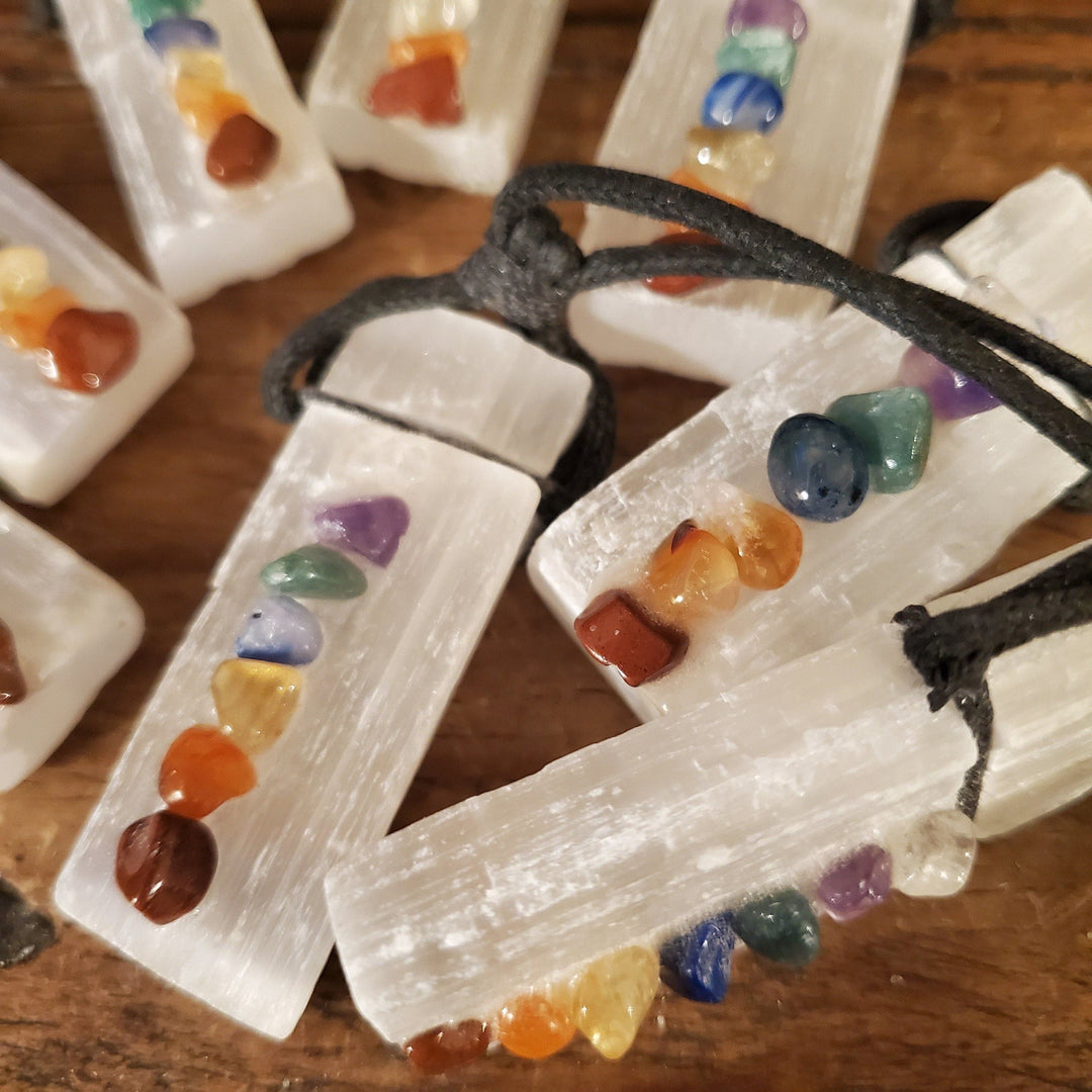 7 Chakra Raw Selenite Necklace, Seven Stones on Selenite Necklace - SOUTHBAYSALTS 