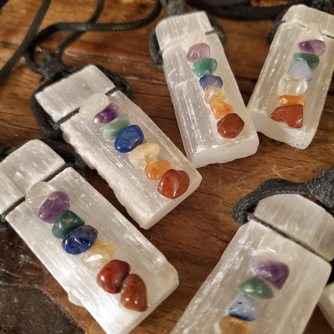 7 Chakra Raw Selenite Necklace, Seven Stones on Selenite Necklace - SOUTHBAYSALTS 