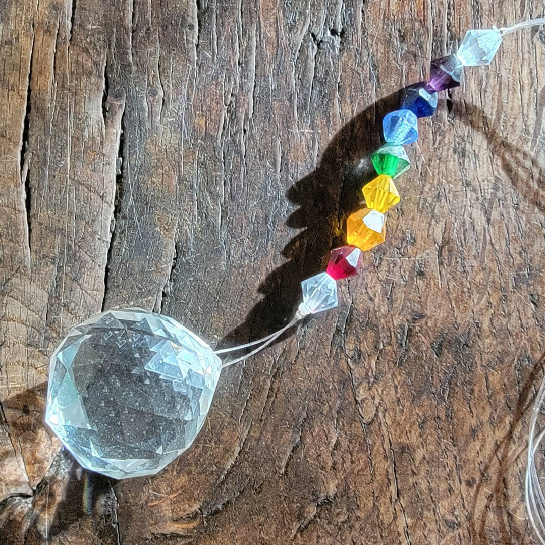 Glass Crystal with 7 colored Glass Beads Suncatcher, Chakra Glass faceted Sphere with Seven colored beads, Glass Rainbow Maker, - SOUTHBAYSALTS 