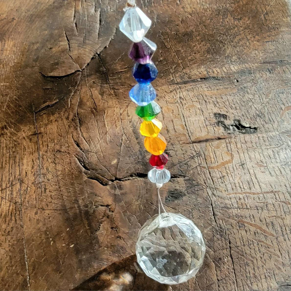 Glass Crystal with 7 colored Glass Beads Suncatcher, Chakra Glass faceted Sphere with Seven colored beads, Glass Rainbow Maker, - SOUTHBAYSALTS 