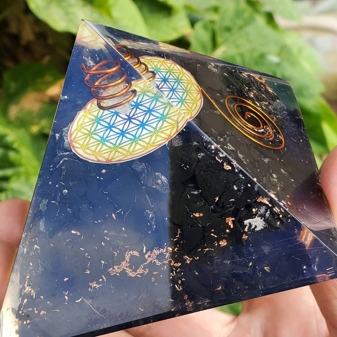 Large Orgonite Pyramid, Orgone Pyramid, Tourmaline Orgone Pyramid with Mandala - SOUTHBAYSALTS 