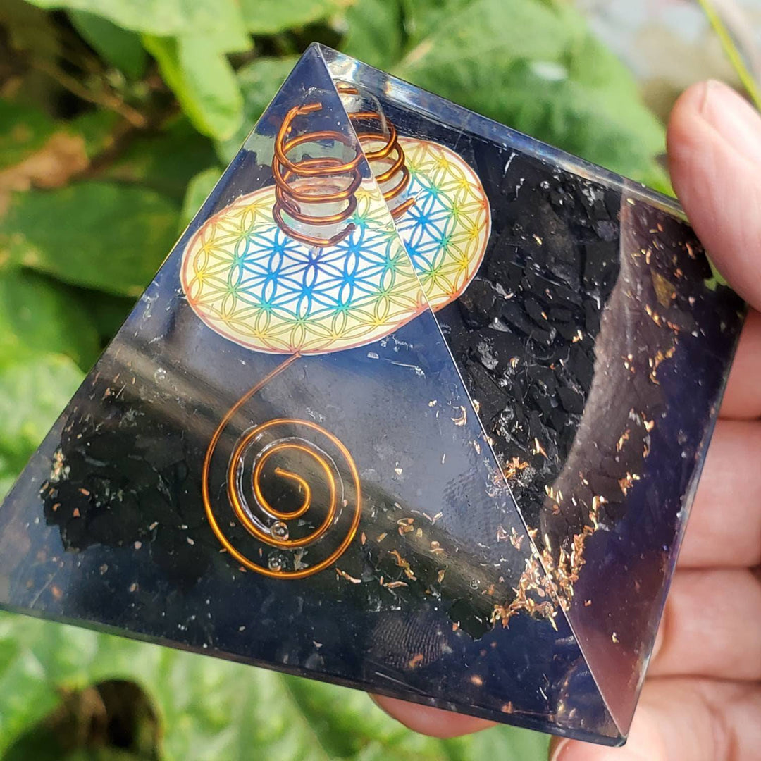 Large Orgonite Pyramid, Orgone Pyramid, Tourmaline Orgone Pyramid with Mandala - SOUTHBAYSALTS 