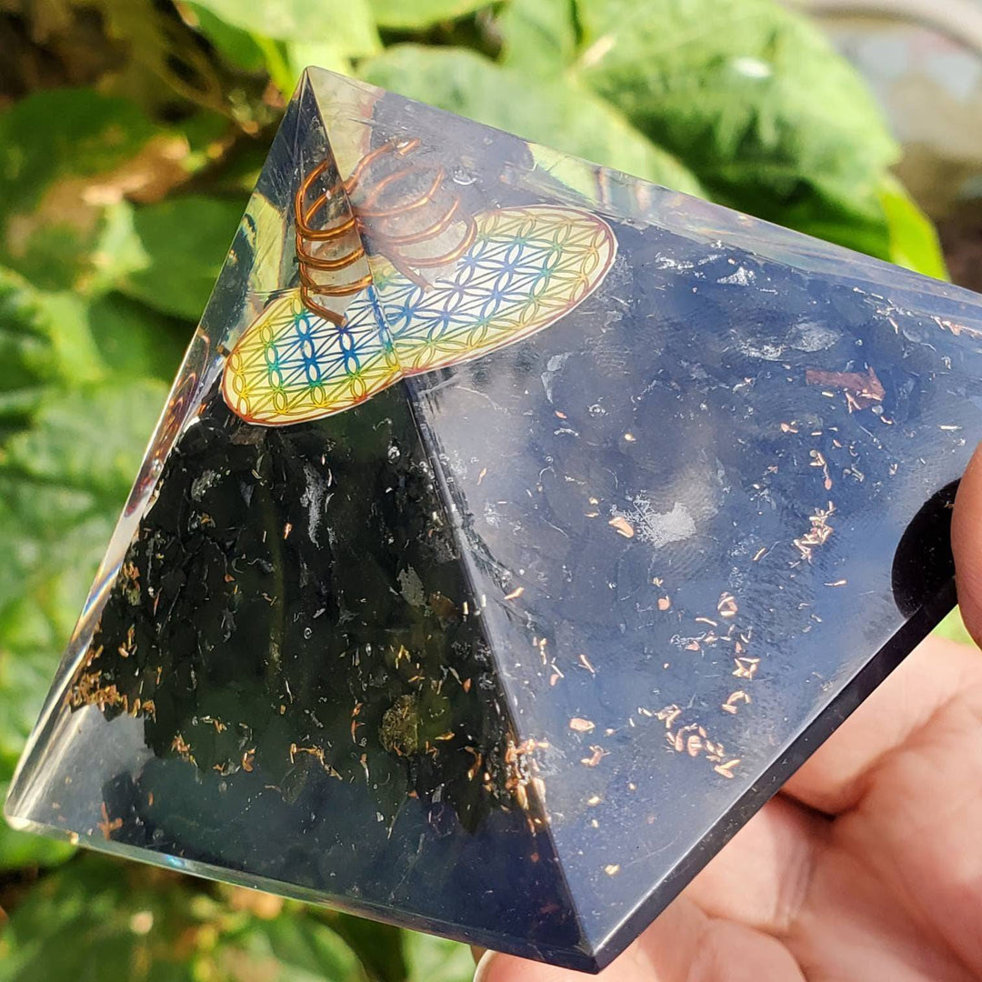 Large Orgonite Pyramid, Orgone Pyramid, Tourmaline Orgone Pyramid with Mandala - SOUTHBAYSALTS 