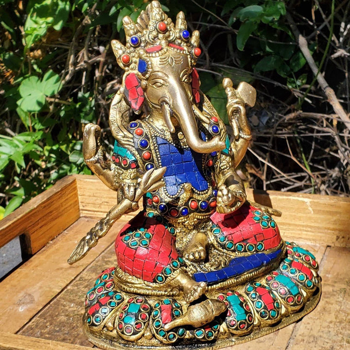 Lord Ganesha Statue with hand cut gemstones, Remover of Obstacles Statue, Lord Ganesh Statue with Hand cut Coral, Lapis Lazuli and Turquoise - SOUTHBAYSALTS 