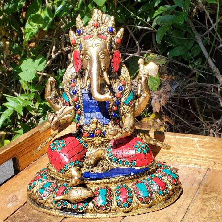 Lord Ganesha Statue with hand cut gemstones, Remover of Obstacles Statue, Lord Ganesh Statue with Hand cut Coral, Lapis Lazuli and Turquoise - SOUTHBAYSALTS 