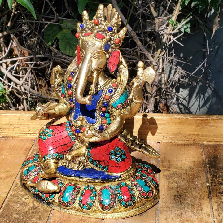 Lord Ganesha Statue with hand cut gemstones, Remover of Obstacles Statue, Lord Ganesh Statue with Hand cut Coral, Lapis Lazuli and Turquoise - SOUTHBAYSALTS 