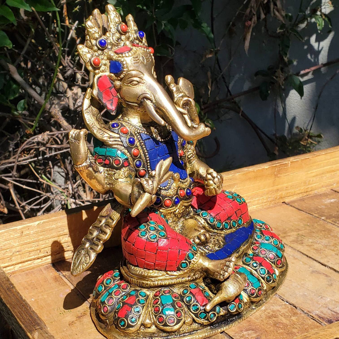 Lord Ganesha Statue with hand cut gemstones, Remover of Obstacles Statue, Lord Ganesh Statue with Hand cut Coral, Lapis Lazuli and Turquoise - SOUTHBAYSALTS 