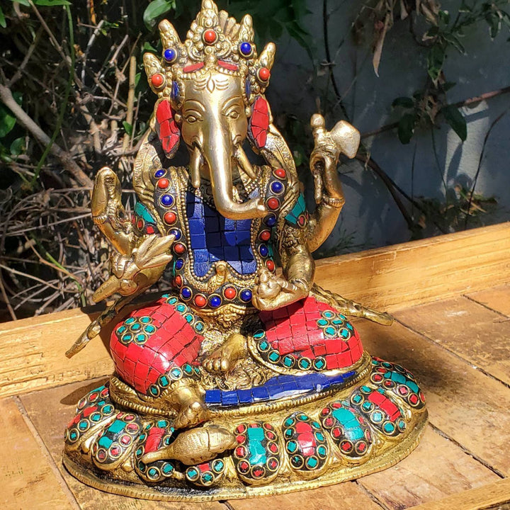 Lord Ganesha Statue with hand cut gemstones, Remover of Obstacles Statue, Lord Ganesh Statue with Hand cut Coral, Lapis Lazuli and Turquoise - SOUTHBAYSALTS 