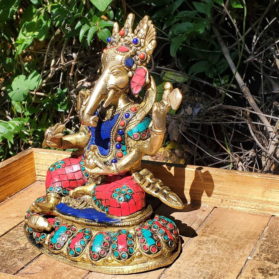 Lord Ganesha Statue with hand cut gemstones, Remover of Obstacles Statue, Lord Ganesh Statue with Hand cut Coral, Lapis Lazuli and Turquoise - SOUTHBAYSALTS 