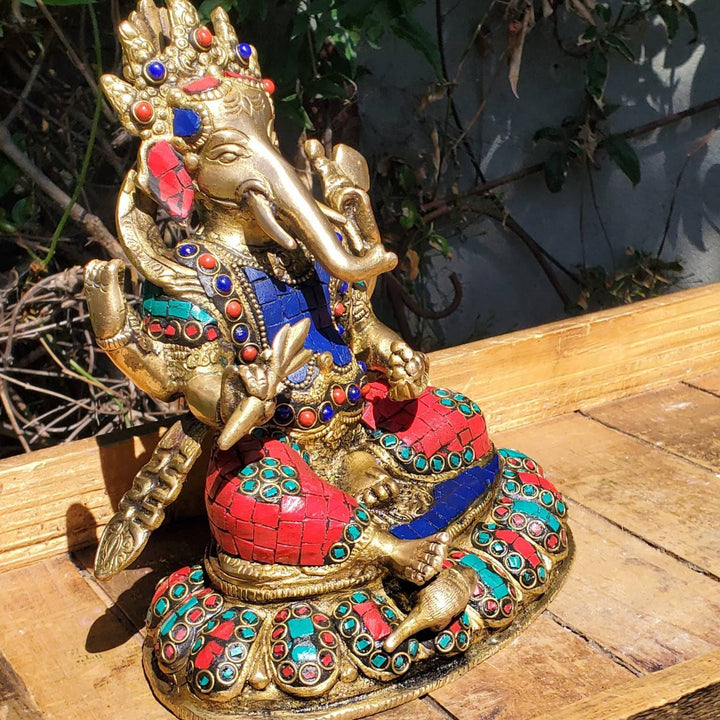 Lord Ganesha Statue with hand cut gemstones, Remover of Obstacles Statue, Lord Ganesh Statue with Hand cut Coral, Lapis Lazuli and Turquoise - SOUTHBAYSALTS 