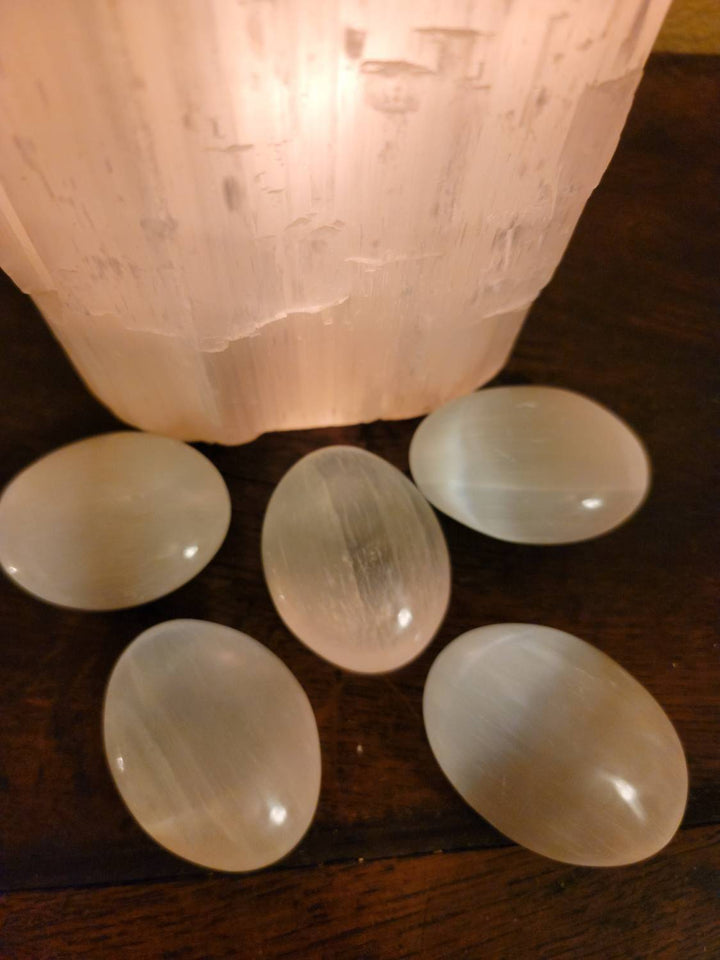 Morrocan Selenite Polished Palmstones, Liquid Light Palmstones - SOUTHBAYSALTS 