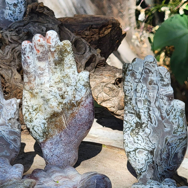 Moss Agate Hand Carvings, Moss Agate Crystal Carvings, Crystal Hands, Polished Moss Agate Hand Carvings - SOUTHBAYSALTS 