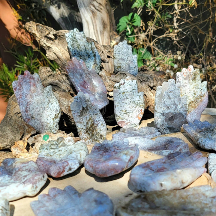 Moss Agate Hand Carvings, Moss Agate Crystal Carvings, Crystal Hands, Polished Moss Agate Hand Carvings - SOUTHBAYSALTS 