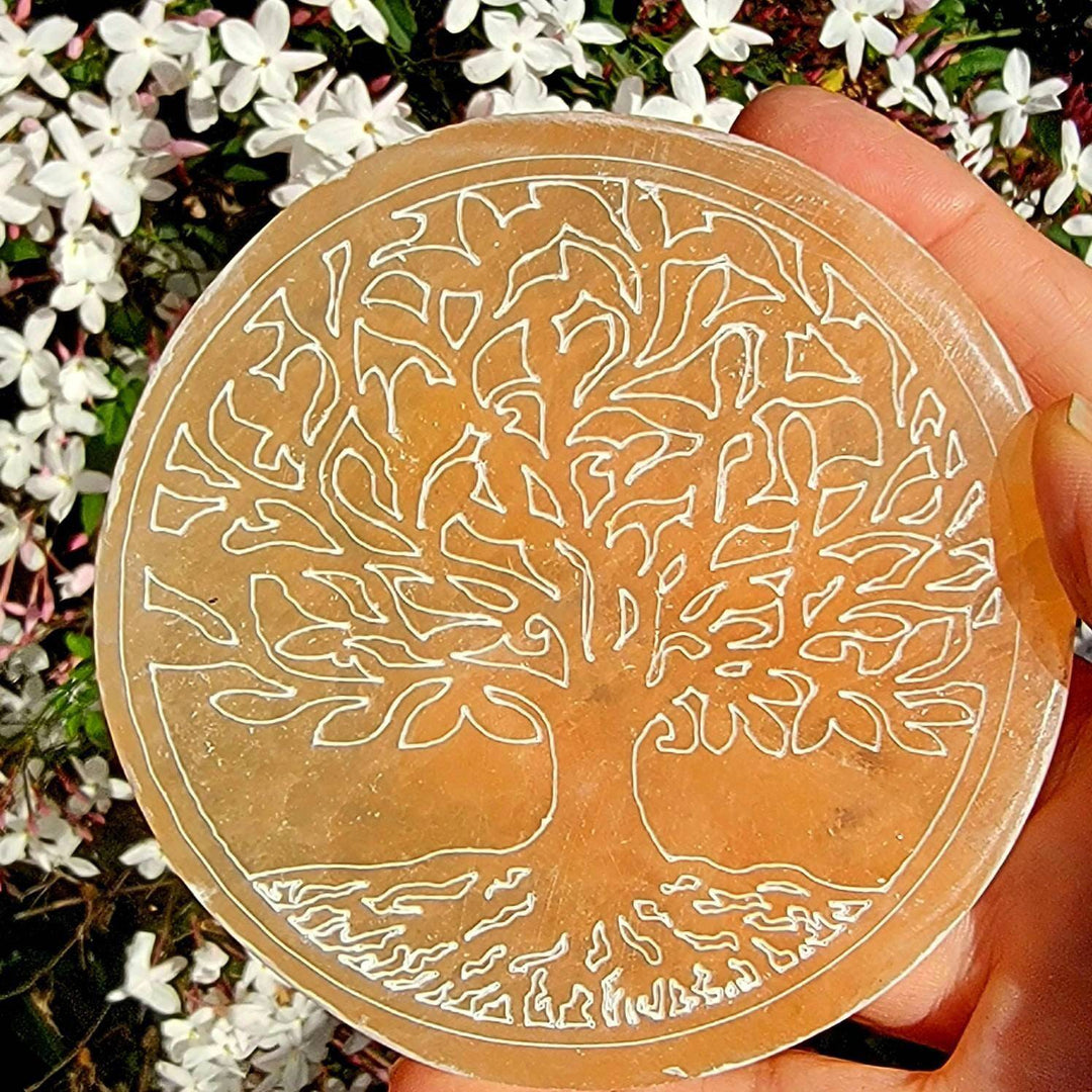 Orange Selenite Tree of Life Plate, Morrocan Selenite Tree of Life Plate - SOUTHBAYSALTS 