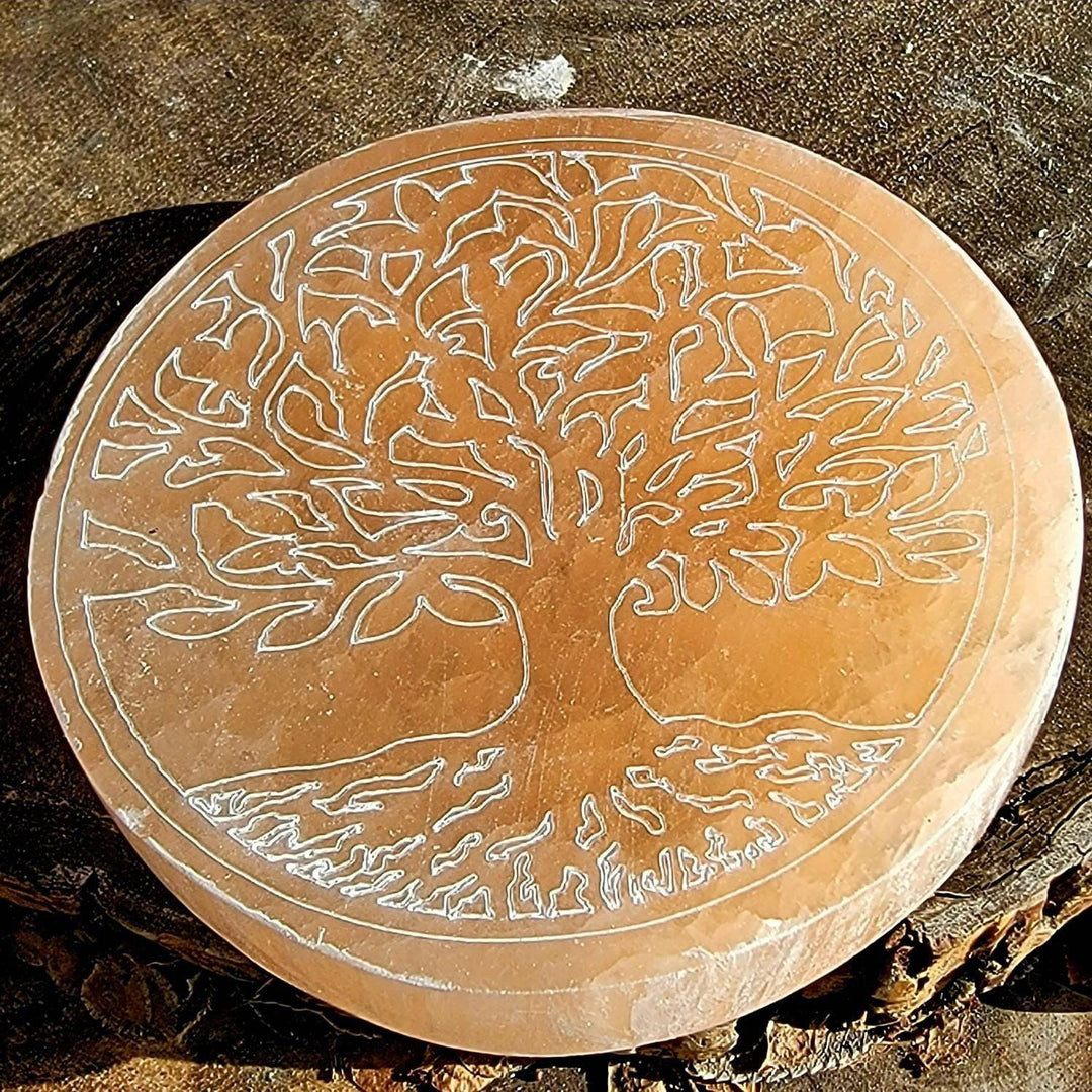 Orange Selenite Tree of Life Plate, Morrocan Selenite Tree of Life Plate - SOUTHBAYSALTS 