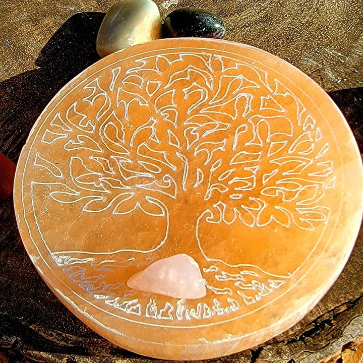 Orange Selenite Tree of Life Plate, Morrocan Selenite Tree of Life Plate - SOUTHBAYSALTS 