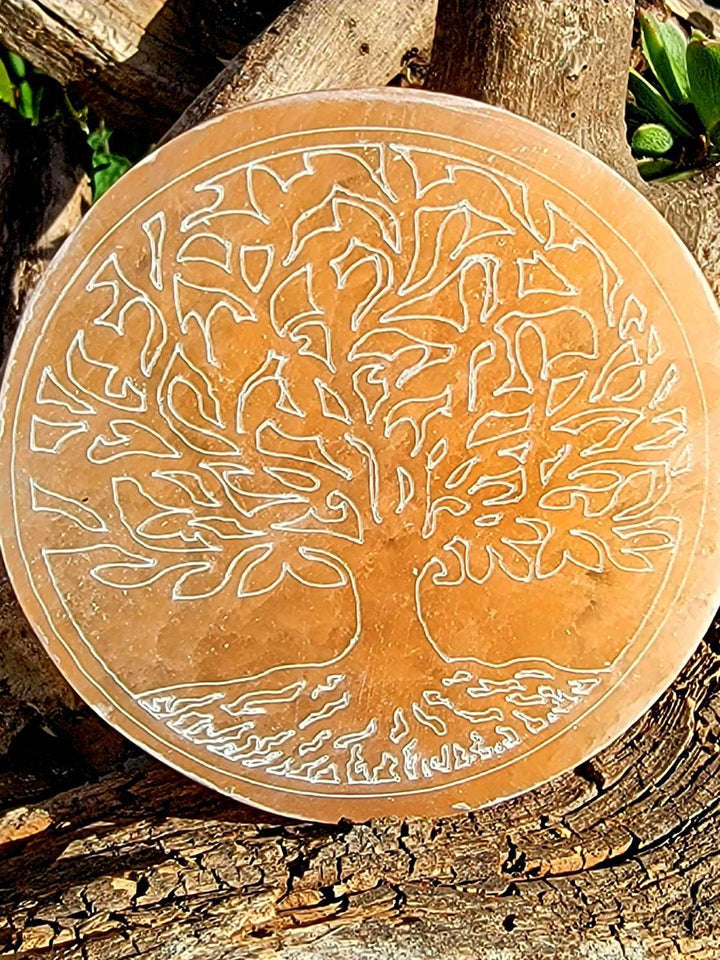 Orange Selenite Tree of Life Plate, Morrocan Selenite Tree of Life Plate - SOUTHBAYSALTS 