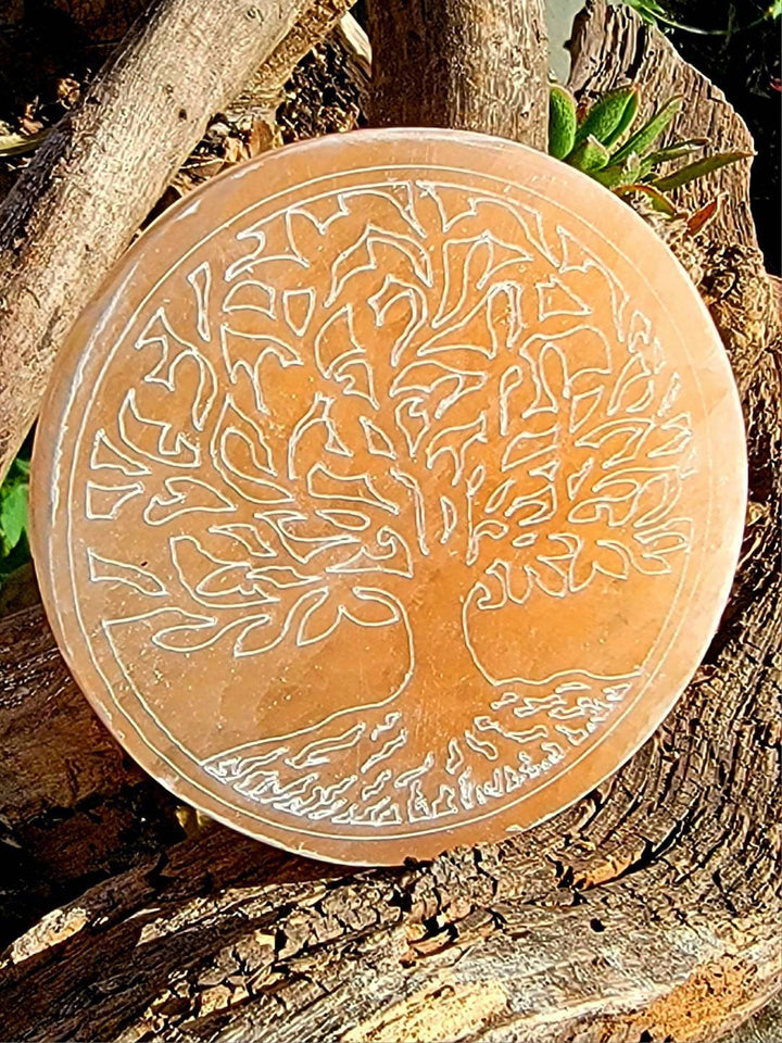 Orange Selenite Tree of Life Plate, Morrocan Selenite Tree of Life Plate - SOUTHBAYSALTS 