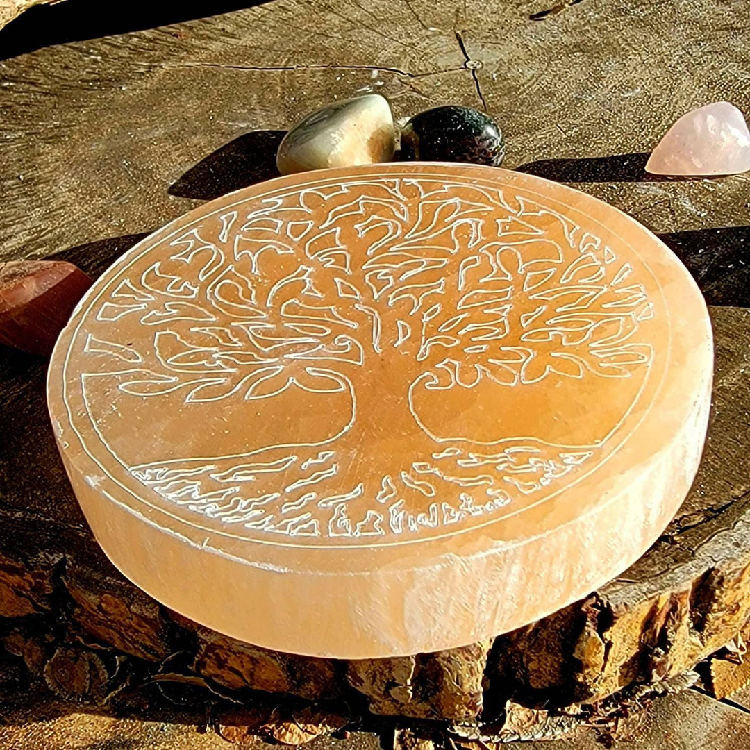 Orange Selenite Tree of Life Plate, Morrocan Selenite Tree of Life Plate - SOUTHBAYSALTS 