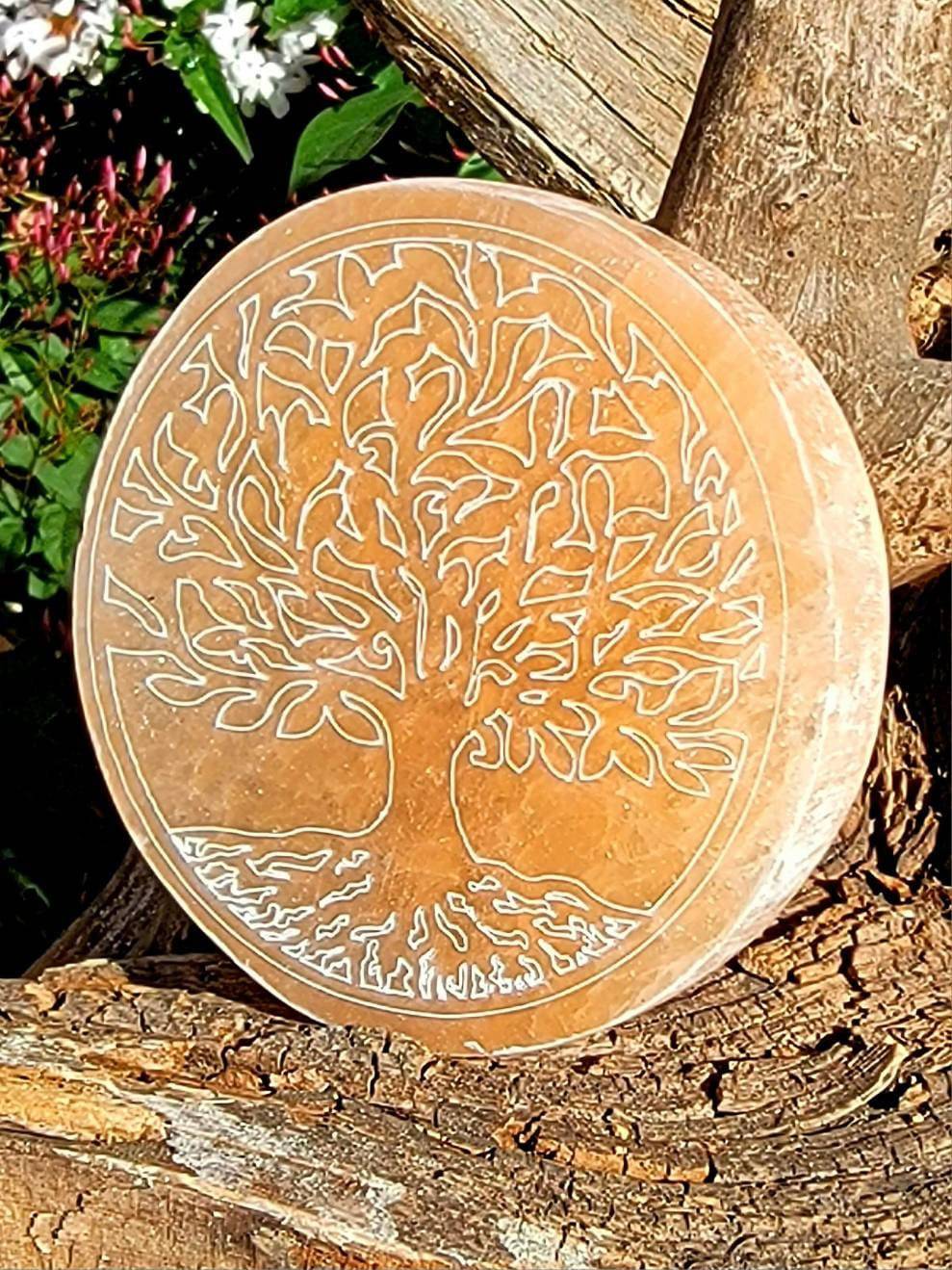 Orange Selenite Tree of Life Plate, Morrocan Selenite Tree of Life Plate - SOUTHBAYSALTS 