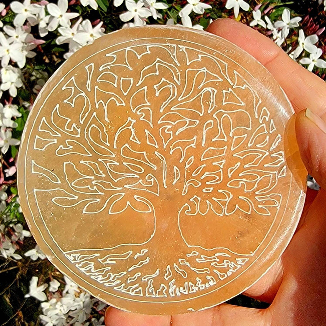 Orange Selenite Tree of Life Plate, Morrocan Selenite Tree of Life Plate - SOUTHBAYSALTS 