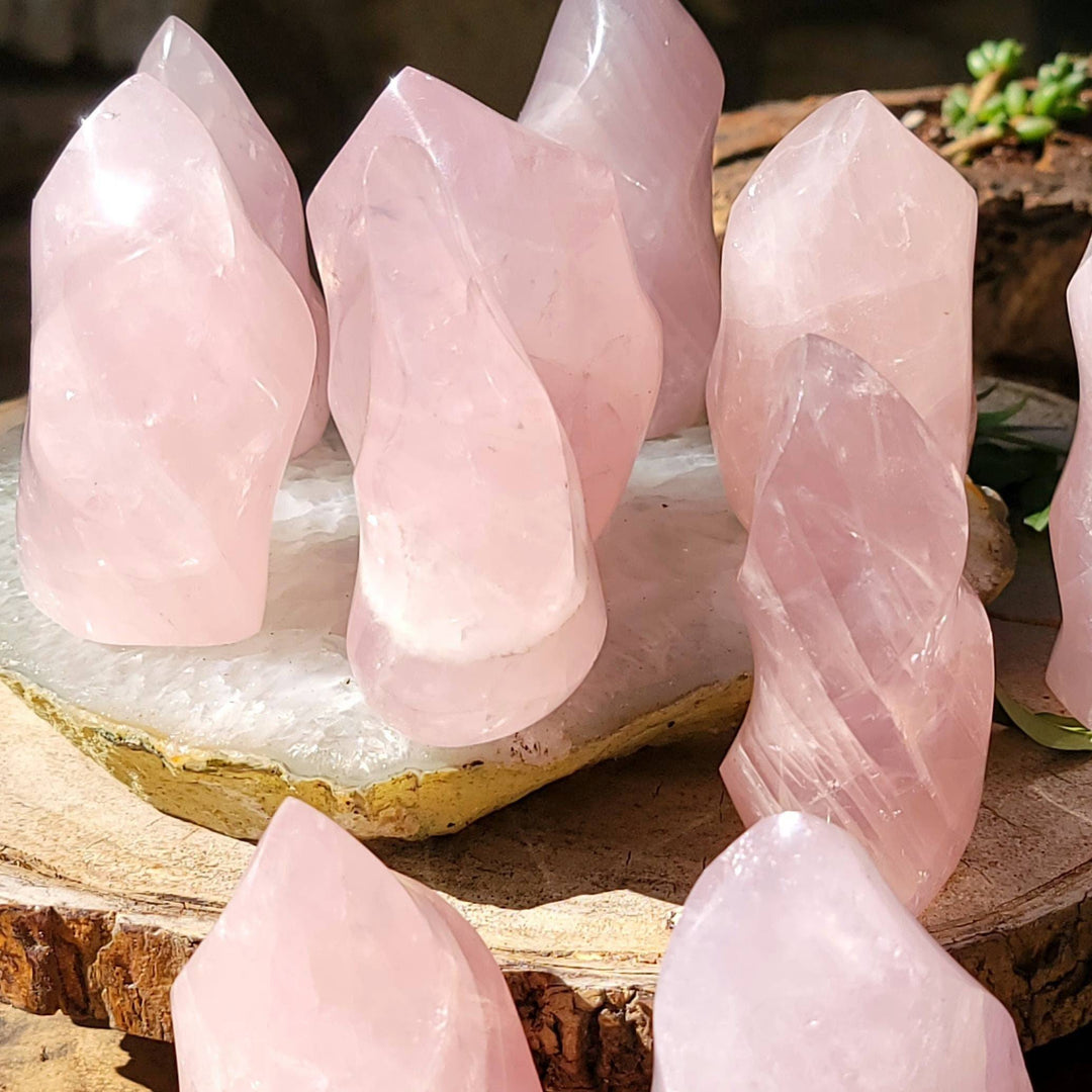 Rose Quartz Flames, Polished Rose Quartz Ina a Flame, Rose Quartz Polished Flames - SOUTHBAYSALTS 