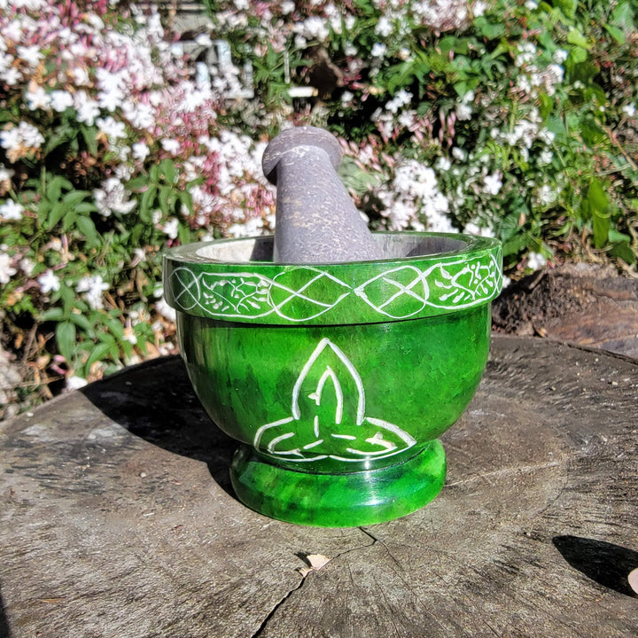 Soapstone Mortar and Pestle with Triquerta Celtic knotwork, - SOUTHBAYSALTS 