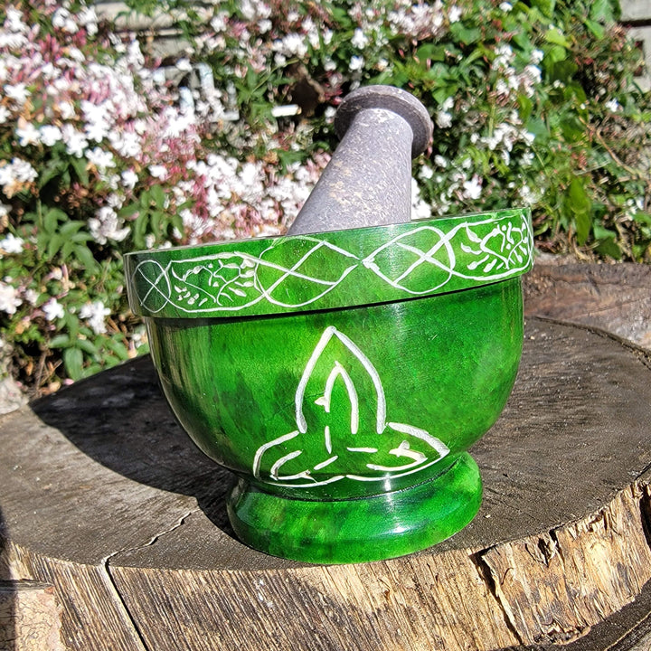 Soapstone Mortar and Pestle with Triquerta Celtic knotwork, - SOUTHBAYSALTS 